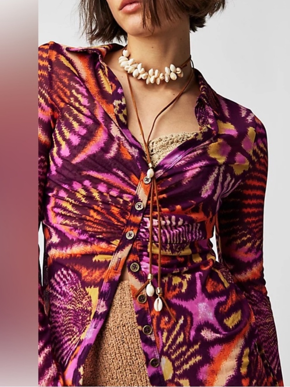 Free People Lucky Shirtee Mesh Button Down Long Sleeve Top Summer Print XS NWOT
